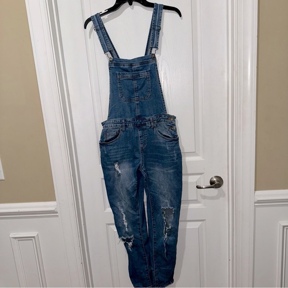 Others Follow Melanie Distressed Overalls in Classic Blue Ladies M stretch - Picture 3 of 14